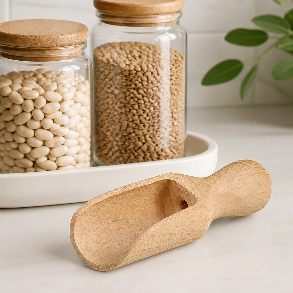Pala de madera tamaño XS forma semicircular - 52mm de largo Cuchara de madera XS de 5,2 cm junto a tarros de almacenamiento con judías blancas y cilantro para cocinar y almacenar especias con cero residuos