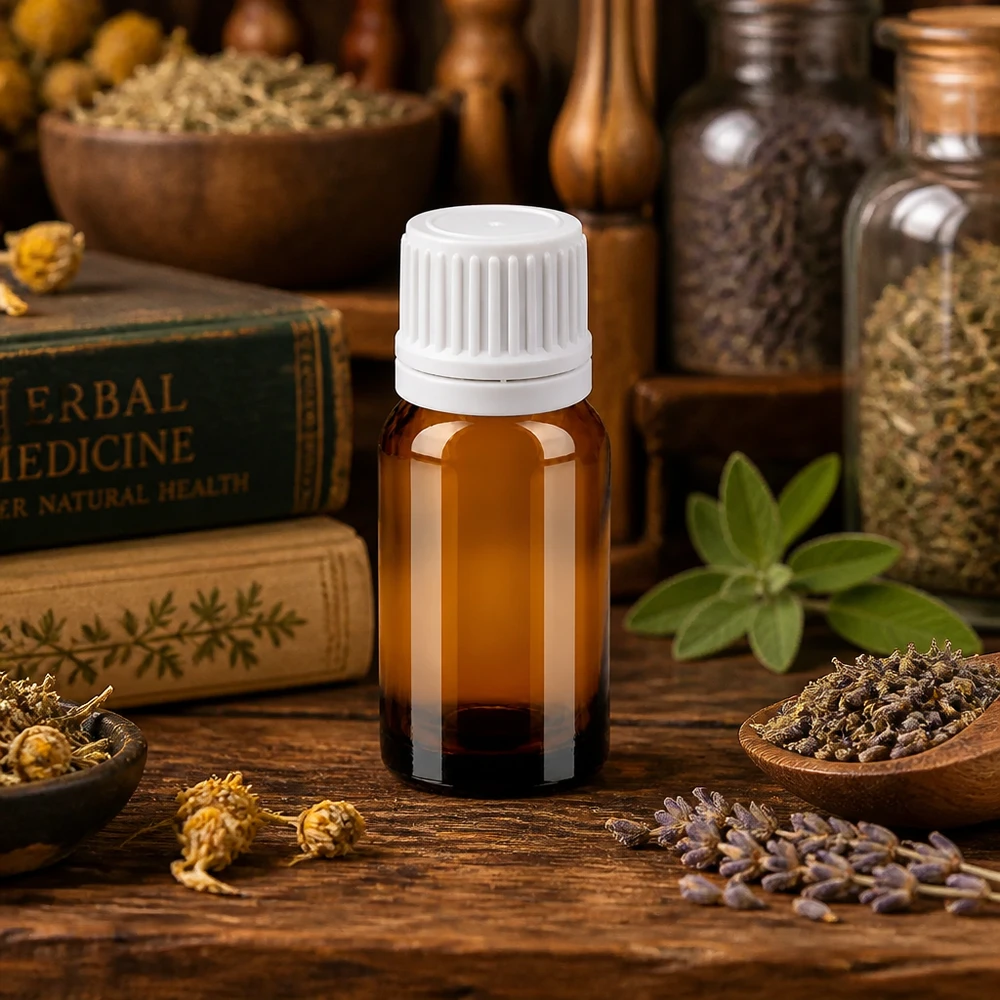Frasco pequeño de vidrio ámbar de 10 ml con tapón de rosca blanco ideal para extractos de hierbas y tinturas