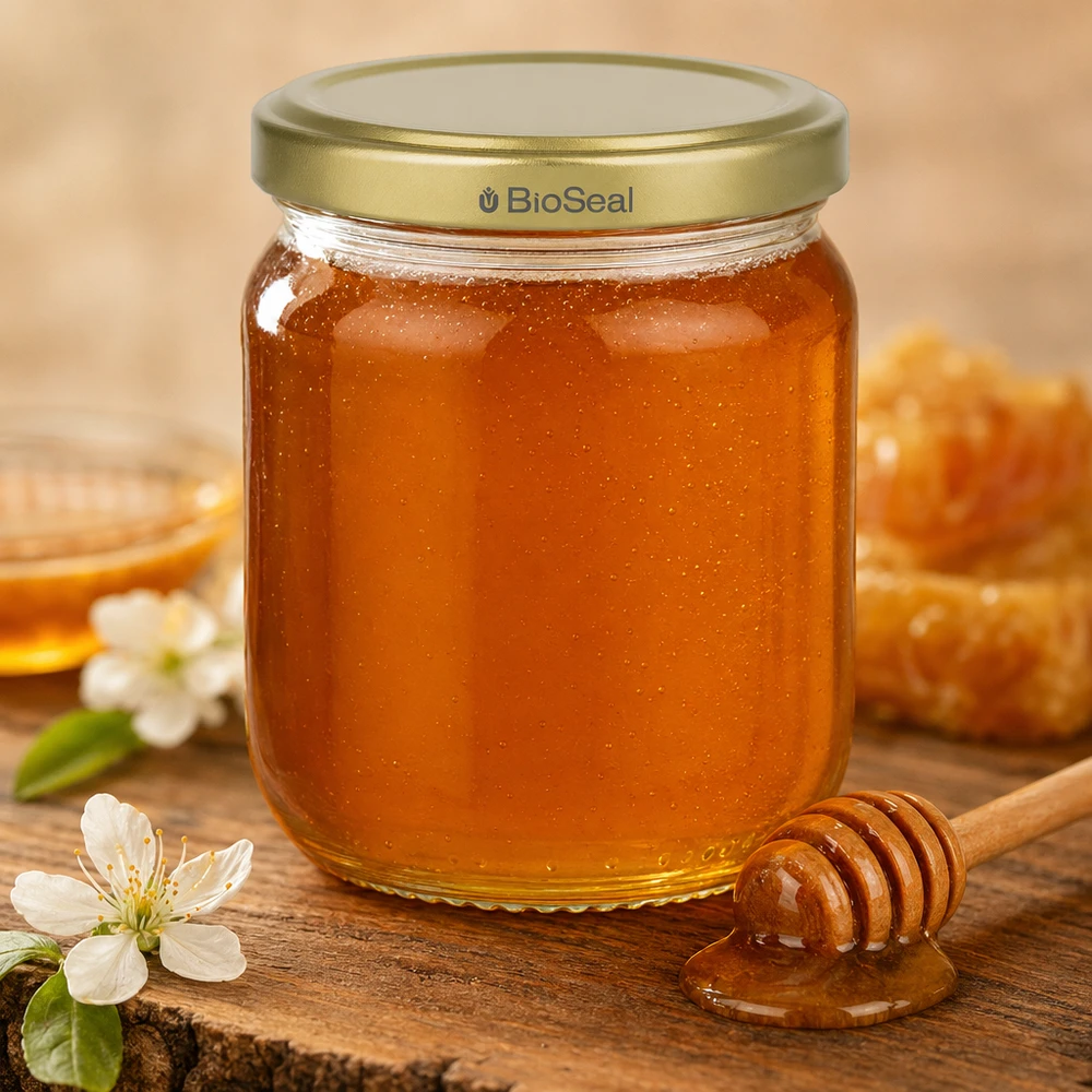 Tarro de miel 500g con tapa dorada BioSeal y cuchara de miel en madera rústica con flores blancas como decoración
