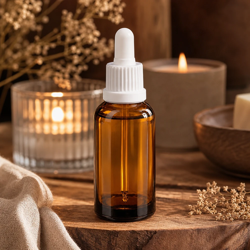 Frasco pipeta compacto de 30 ml de vidrio ámbar con protección UV y práctico tapón cuentagotas