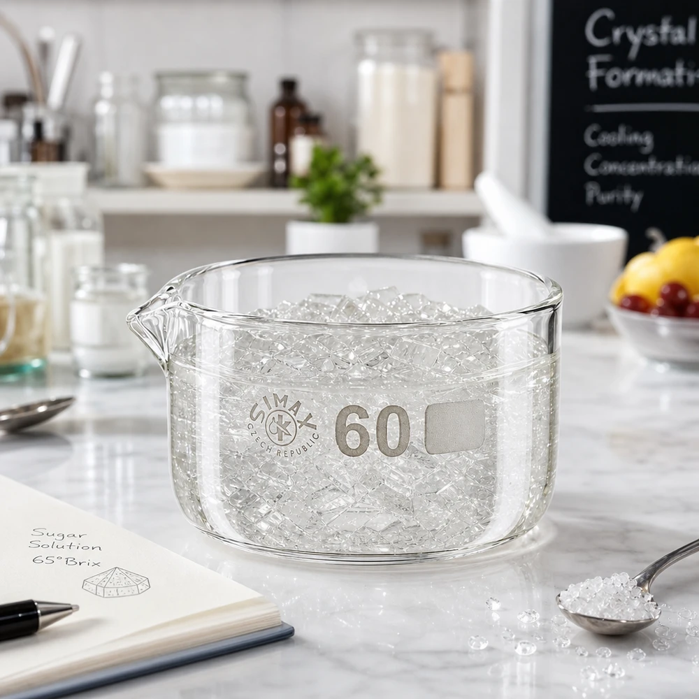 60ml cristalizador con pico de borosilicato ø60mm Recipiente de cristalización de 60 ml, para cubitos de hielo, refrigeración, vidrio borosilicato, cilíndrico plano, con pico vertedor, recipiente de laboratorio