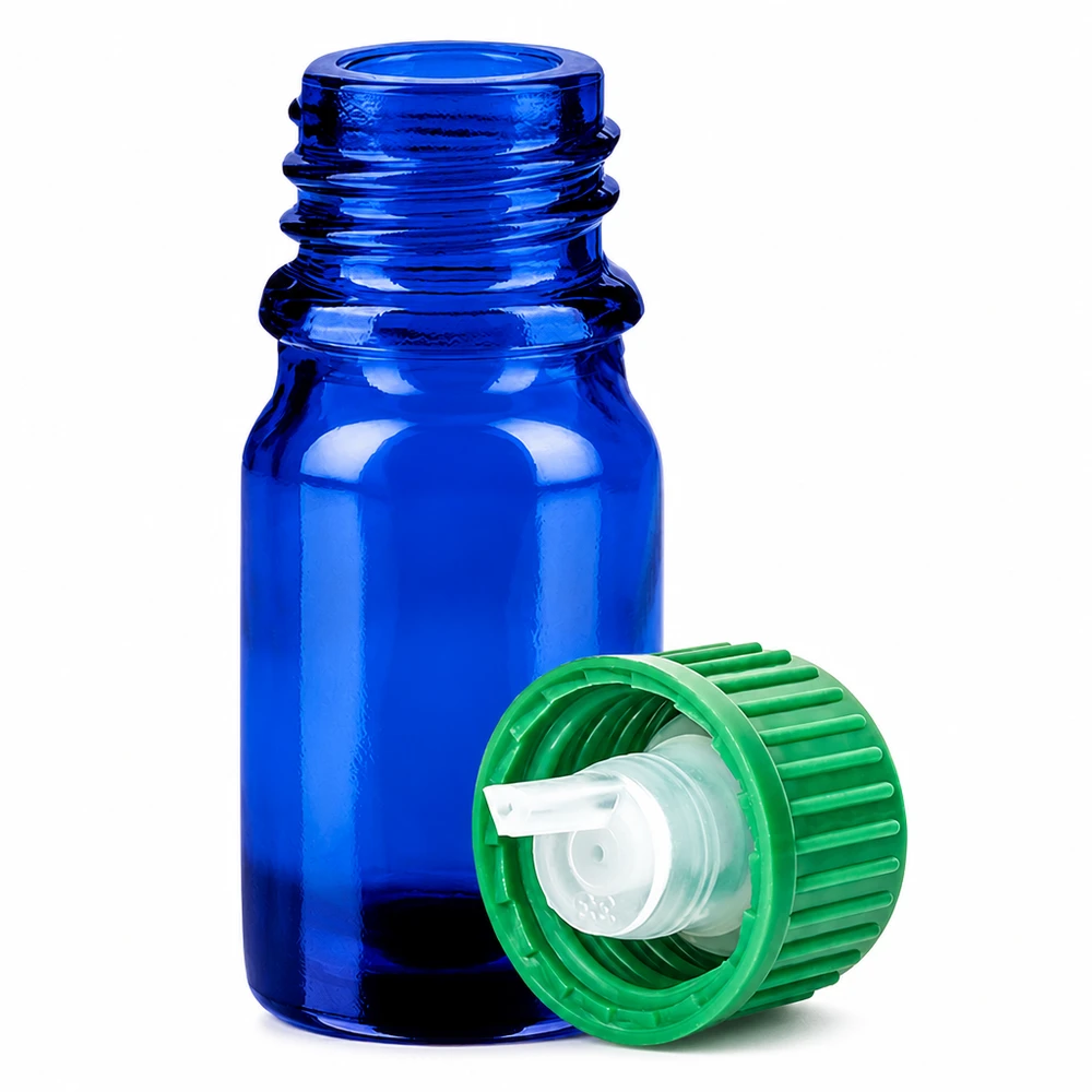 Frasco cuentagotas de 5 ml con tapón estándar verde de 0,8 mm BlueLine UT18/5 Frasco cuentagotas de 5 ml de vidrio azul con inserto cuentagotas de 0,8 mm para medicamentos y aceites esenciales