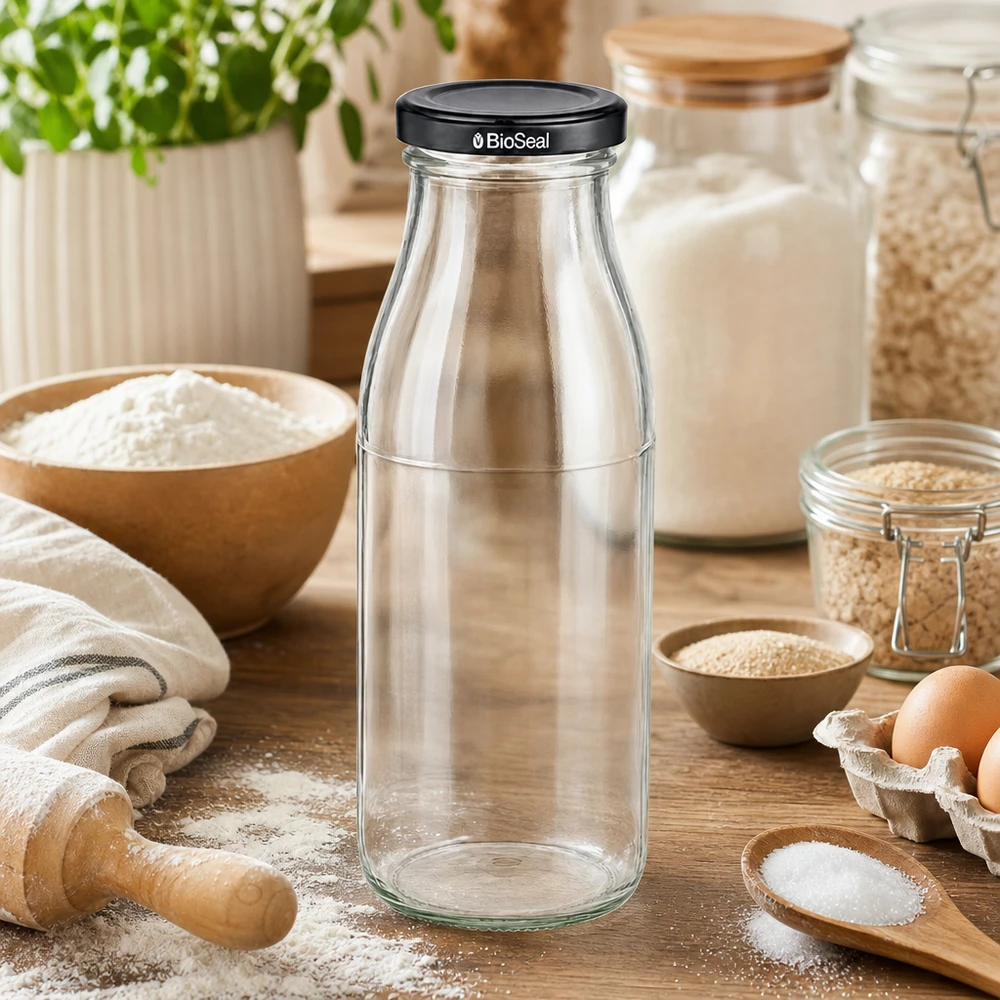 Botella de vidrio de 500 ml + tapa BioSeal negra UNiTWIST 500ml Glasflasche mit BioSeal Deckel in rustikaler Küche zwischen Backzutaten Mehl und Eiern für Kochbegeisterte