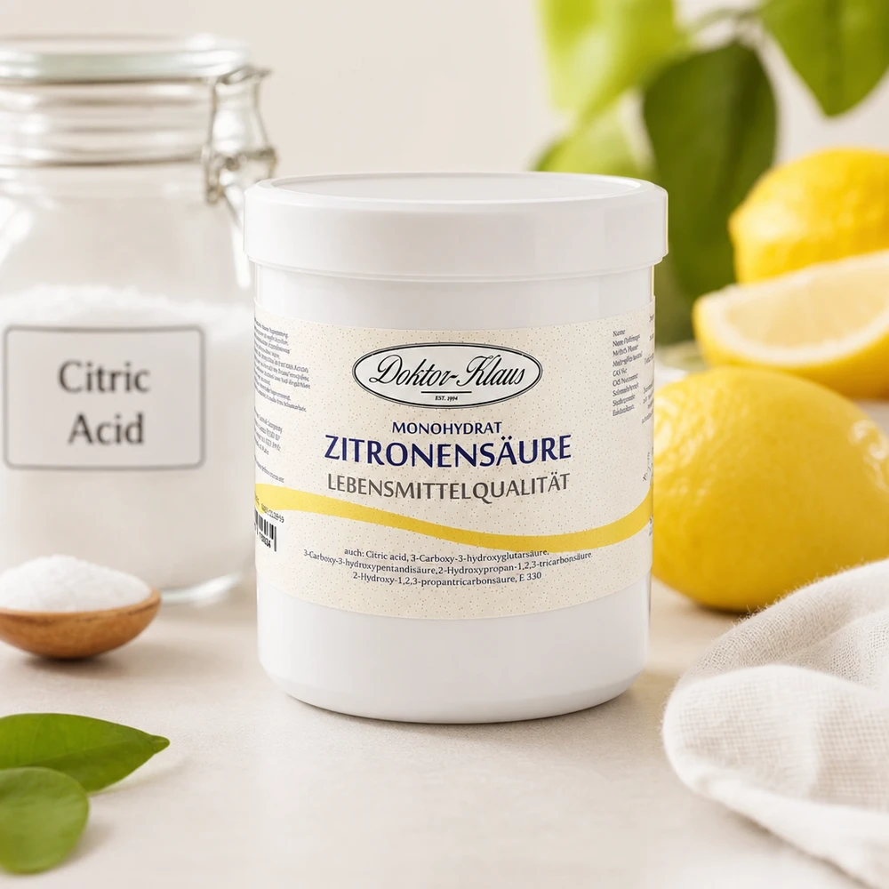 Ácido cítrico monohidratado 500 g Doktor-Klaus food grade con limones naturales de fondo