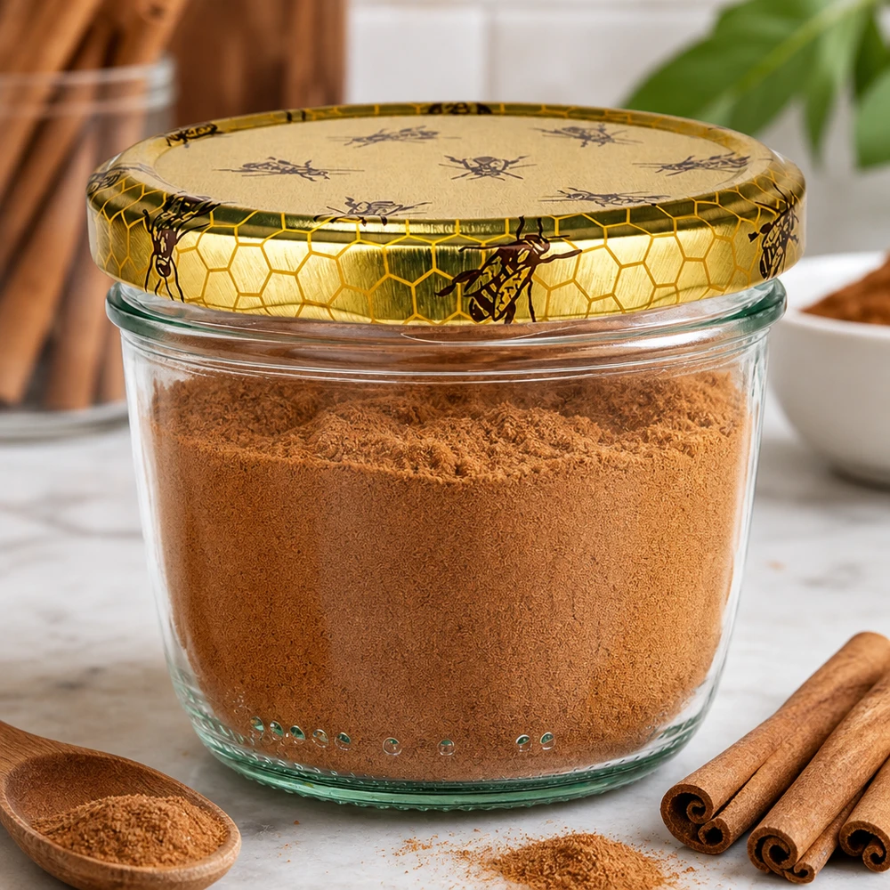 tarro de cristal de 230 ml con tapa de nido de abeja lleno de canela en polvo junto a palitos de canela como almacenamiento de especias