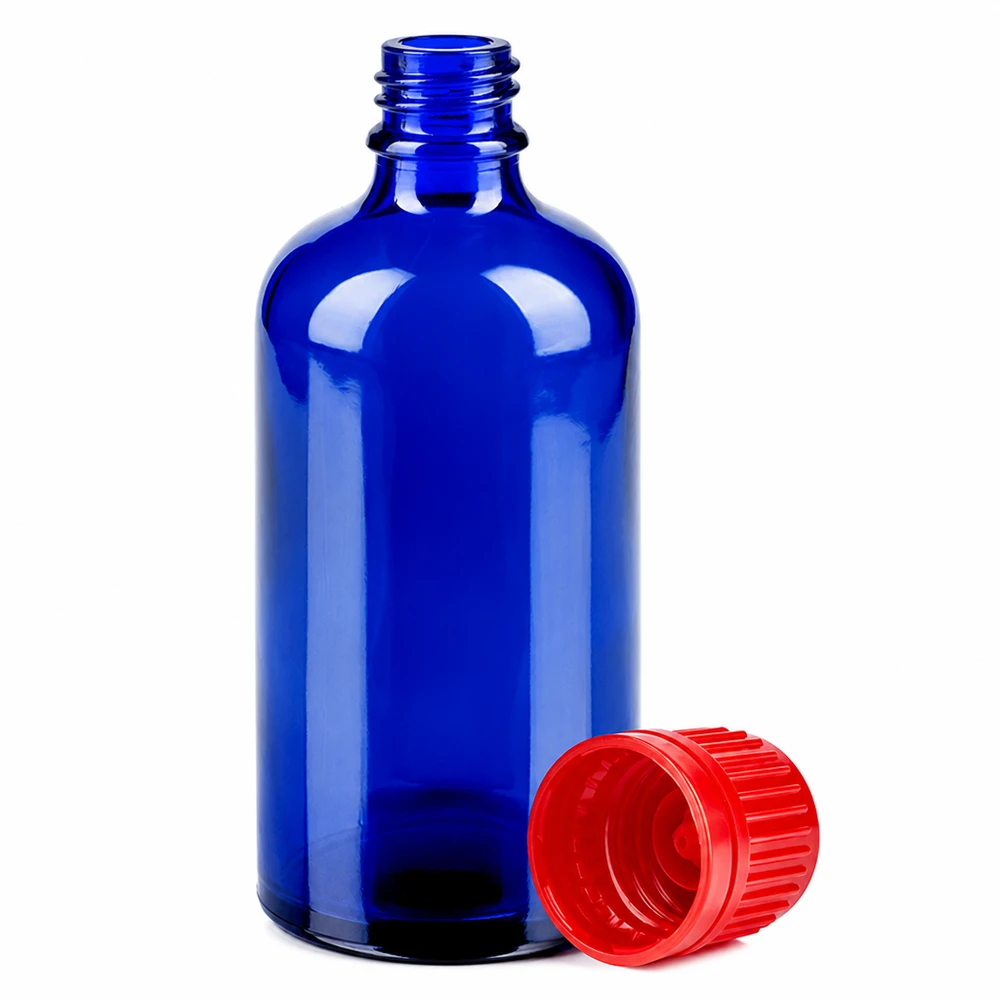 Botella 100ml 11mm tapón rosca rojo cierre inviolable BlueLine UT18/100 Frasco de vidrio de 100 ml BlueLine UT18 con tapón de 11 mm para aplicaciones farmacéuticas