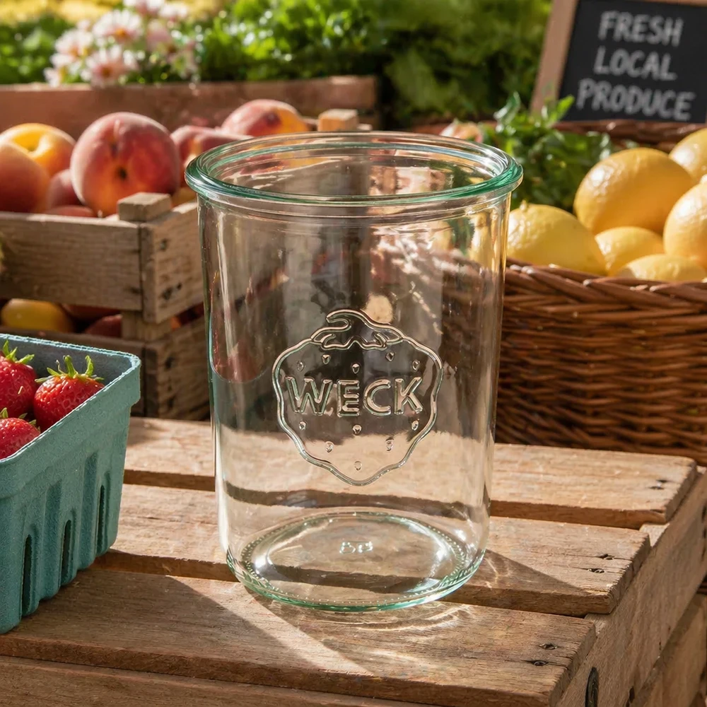 Vasos de cristal transparente WECK RR100 de 850 ml con logotipo en caja de madera entre fruta y verdura fresca