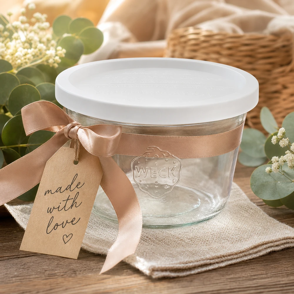 Vasos WECK 370ml RR100 presentados decorativamente con lazo y etiqueta de regalo Hecho con Amor sobre una mesa de madera