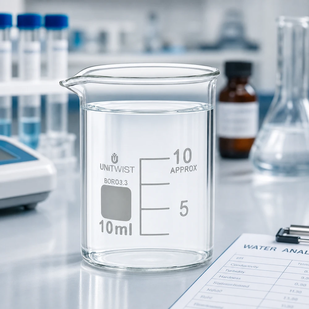 Vaso 10ml borosilicato, molde bajo UNiTWIST Vaso de precipitados UNiTWIST de 10 ml, de perfil bajo, fabricado en vidrio borosilicato 3.3 resistente al calor, para uso en laboratorio