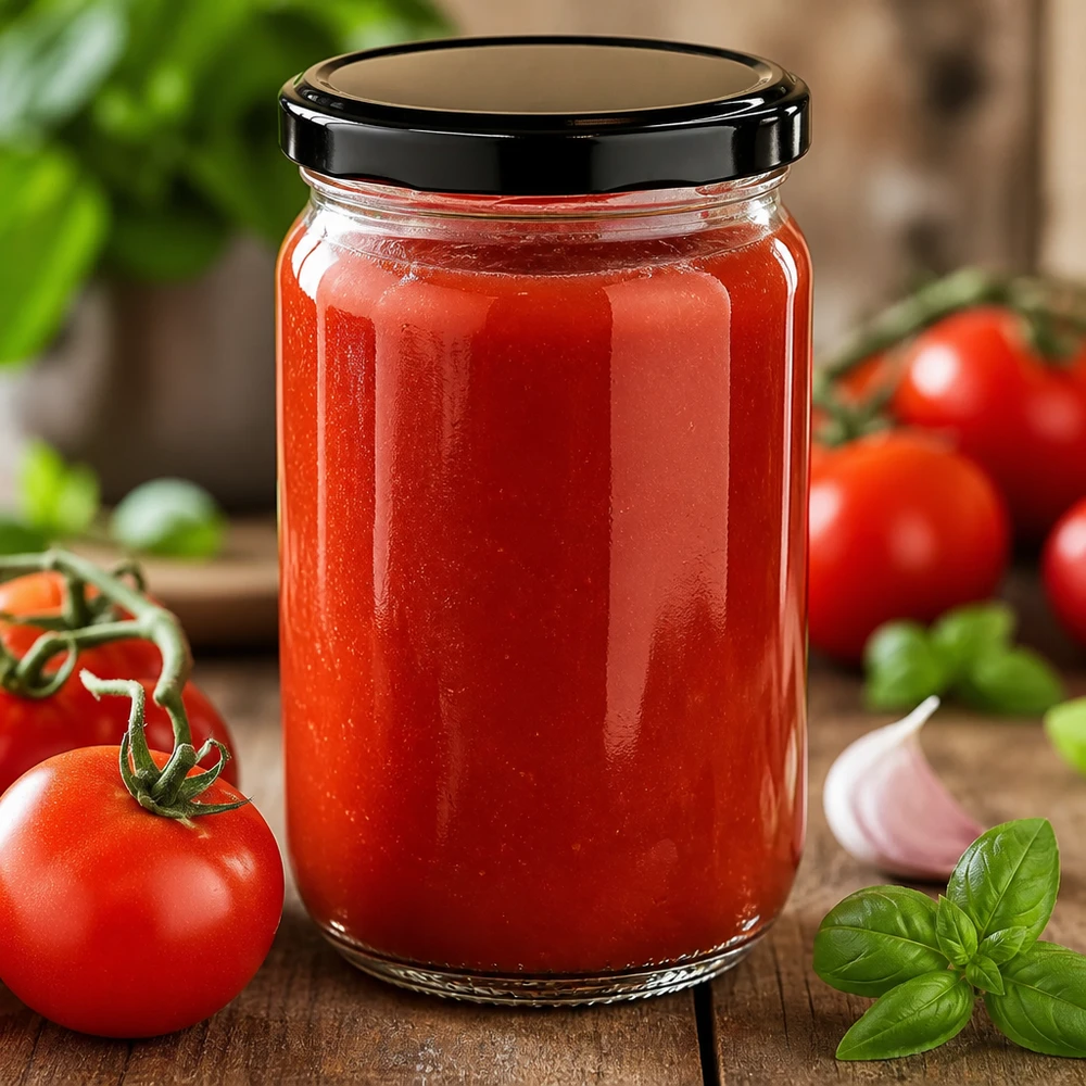 Frasco redondo UniTwist de 555 ml con tapa BasicSeal negra, lleno de salsa de tomate roja