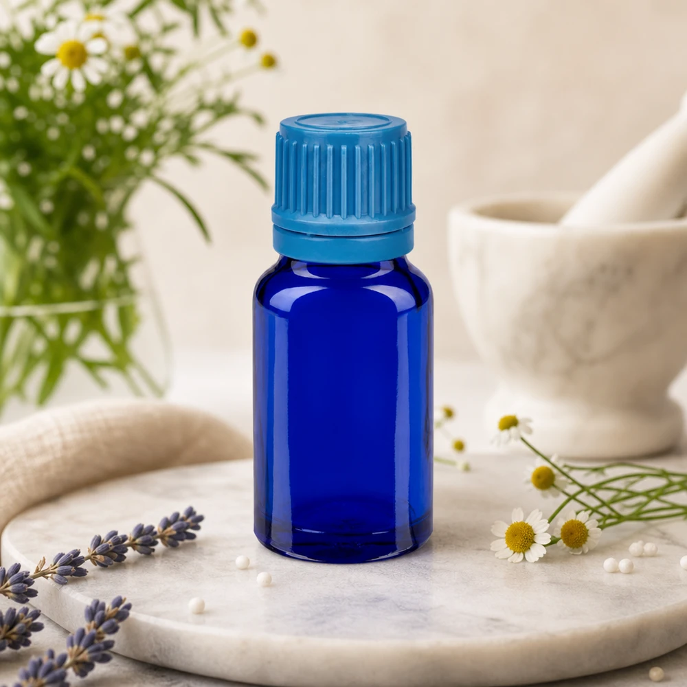 Frasco aromatizante de 10 ml de vidrio azul con protección UV y tapón de seguridad a prueba de niños