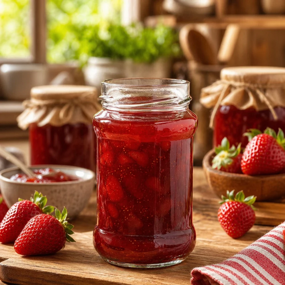 Tarro redondo de 390ml sin tapa (TO66deep) UNiTWIST Tarro redondo de 390 ml lleno de mermelada de fresa sobre una mesa de madera con fresas frescas y otros tarros de mermelada al fondo