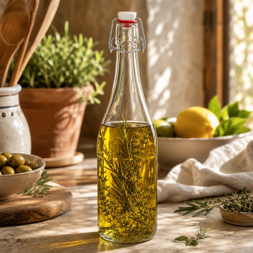 Botella de vidrio 750ml + tapón PVC UNiTWIST Botella de cristal de 750ml con tapa oscilante llena de aceite de hierbas Aplicación ejemplo Cocina Mediterránea decorativa