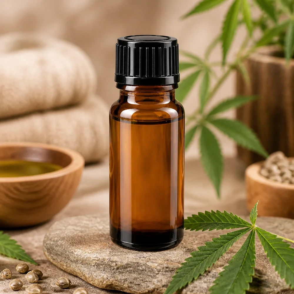 Frasco de vidrio ámbar de 10 ml con tapón cuentagotas negro, junto a hojas de cannabis y semillas de cáñamo