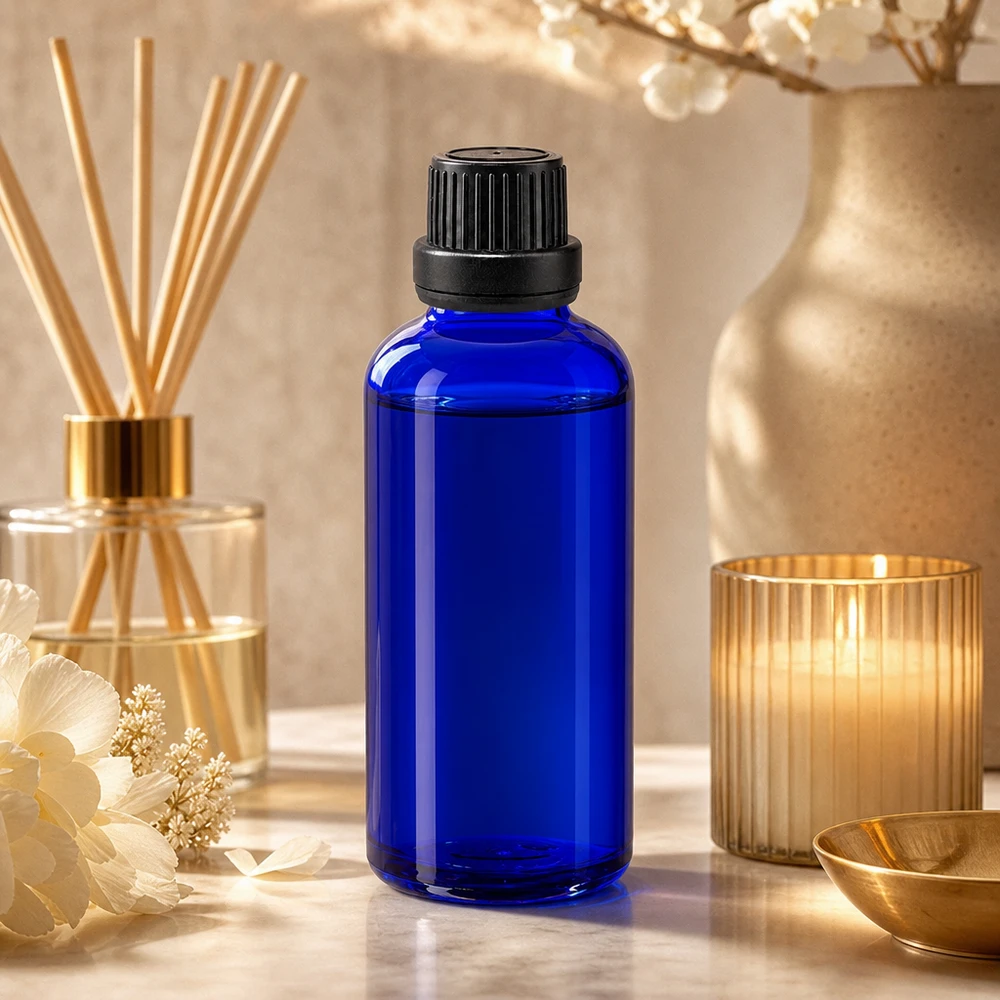 Frasco cuentagotas azul de 50 ml con boquilla dosificadora de 2 mm y tapón negro sobre fondo de mármol con ambientador