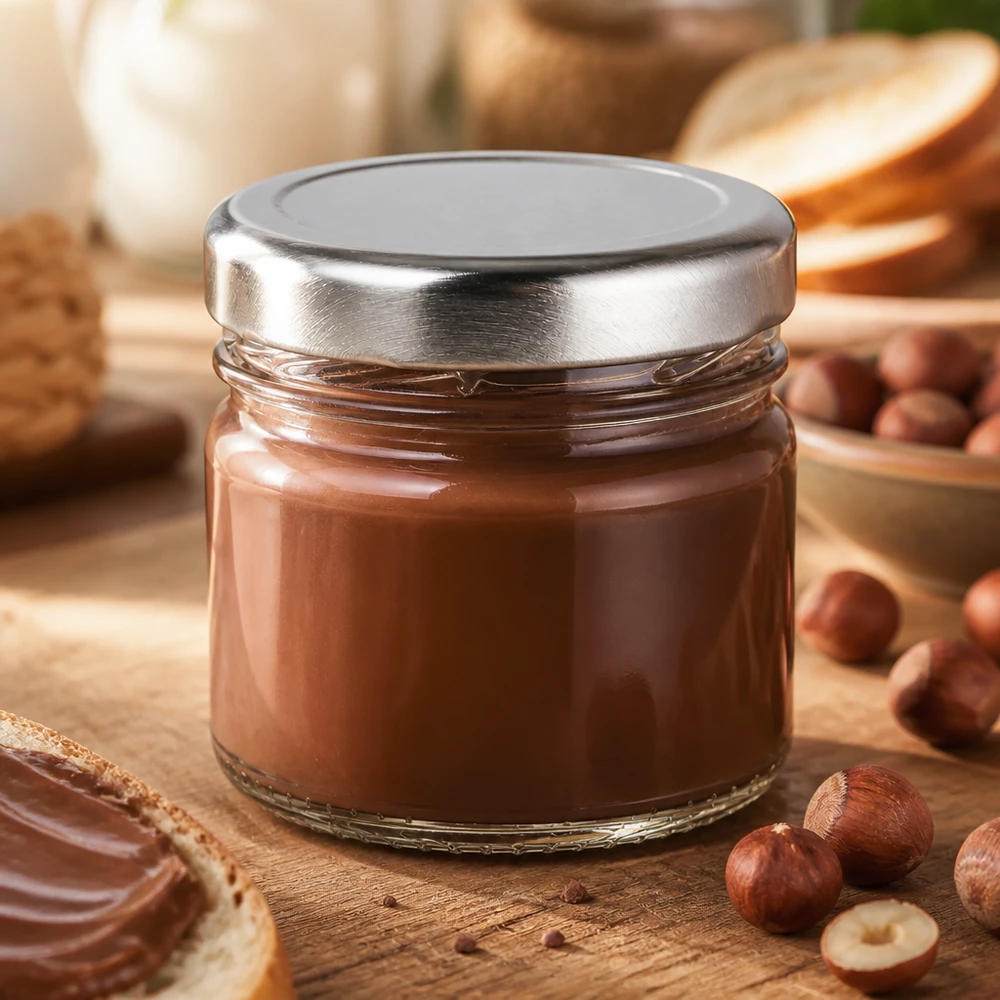 Frasco redondo de cristal de 33 ml con tapa BasicSeal plateada, lleno de crema de nueces y turrón, sobre una tabla de madera