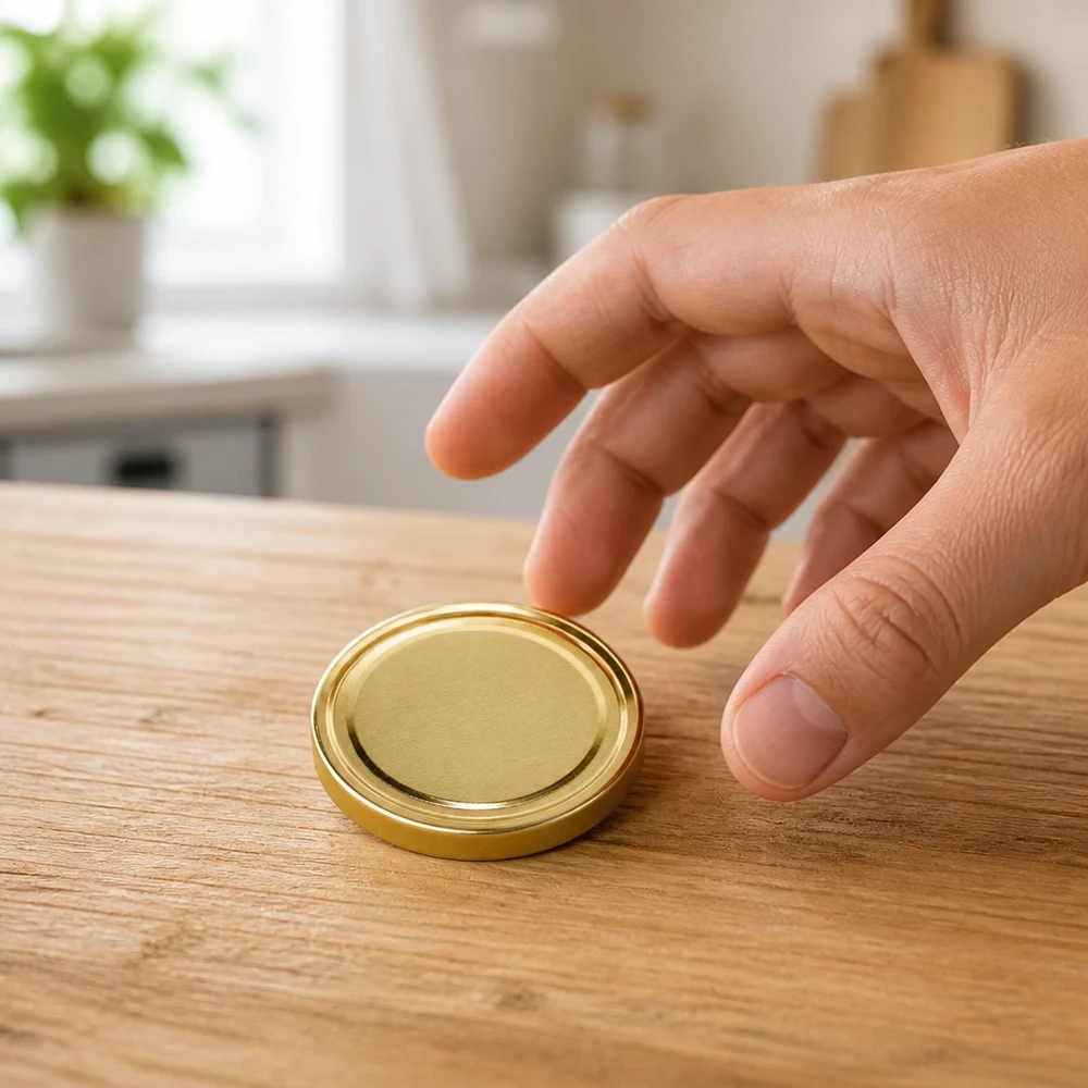 Una mano coge una tapa dorada TO82 de tipo «twist-off» sobre una mesa de madera UNiTWIST BioSeal BPA-NI unitemp