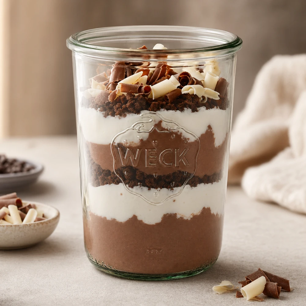 Vaso de 850ml WECK RR100 Vasos WECK RR100 de 850 ml rellenos de un postre de capas de mousse de chocolate, nata y migas de galleta