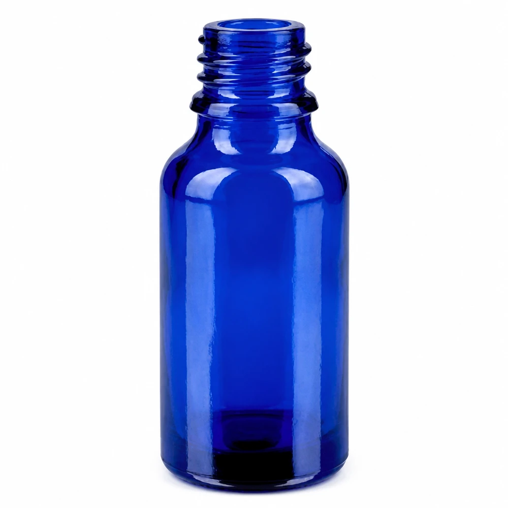 Pequeño frasco de vidrio de 20 ml en azul con rosca para aerosoles y productos cosméticos