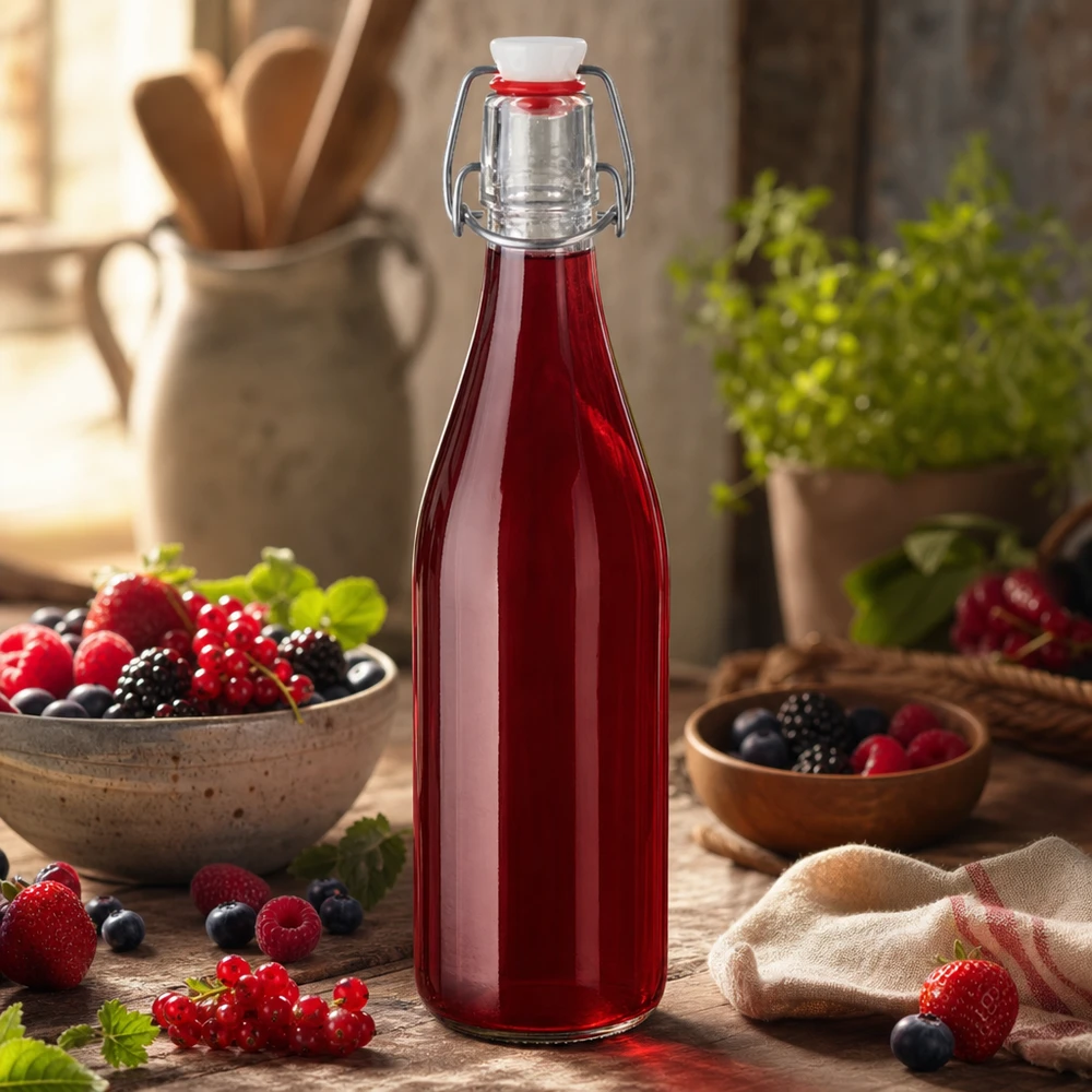 Botella de vidrio de 500 ml + tapa abatible de PVC UNiTWIST 500ml Glasflasche Bügelverschluss mit rotem Beerensaft gefüllt Fruchtsäfte Smoothies selbstgemacht Küchendeko