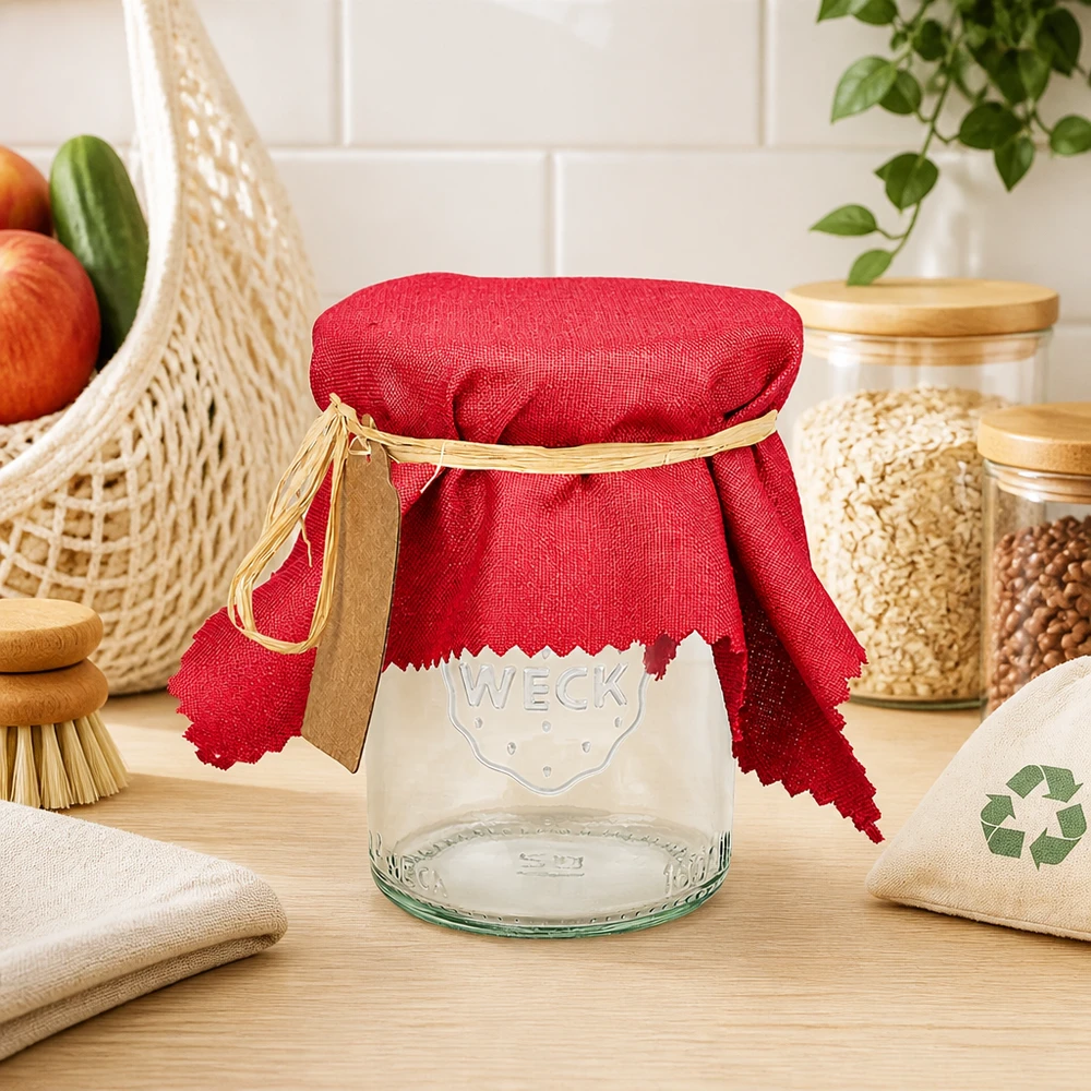 Alfombra de tela para bisutería burdeos 15cm cuadrado Bordeauxrotes Stoff Schmuckdeckchen 15cm eckig auf leerem WECK Glas mit Raffiabast in natürlicher Küchendeko