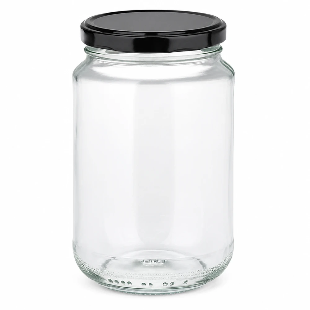Tarro redondo de 375 ml con tapa negra BasicSeal Cierre ONU Tarro transparente vacío para conservas Tarro de almacenaje