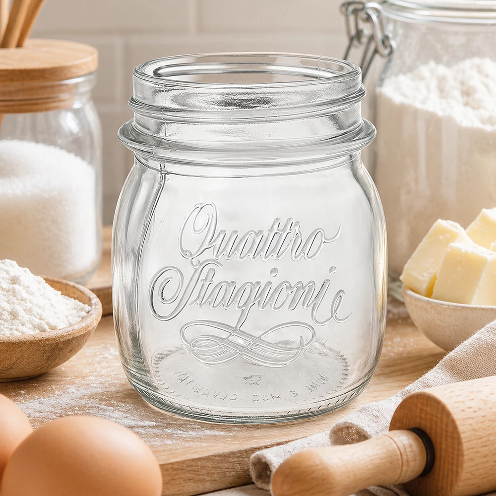 Vaso redondo de 250ml "Quattro Stagioni" QS70mm Tarro de conservas Quattro Stagioni de 250 ml con emblema sobre mesa de madera con utensilios de cocina e ingredientes