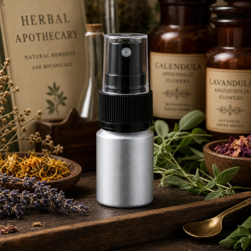 Frasco compacto de aluminio de 10 ml con atomizador para extractos de hierbas y remedios naturales plata