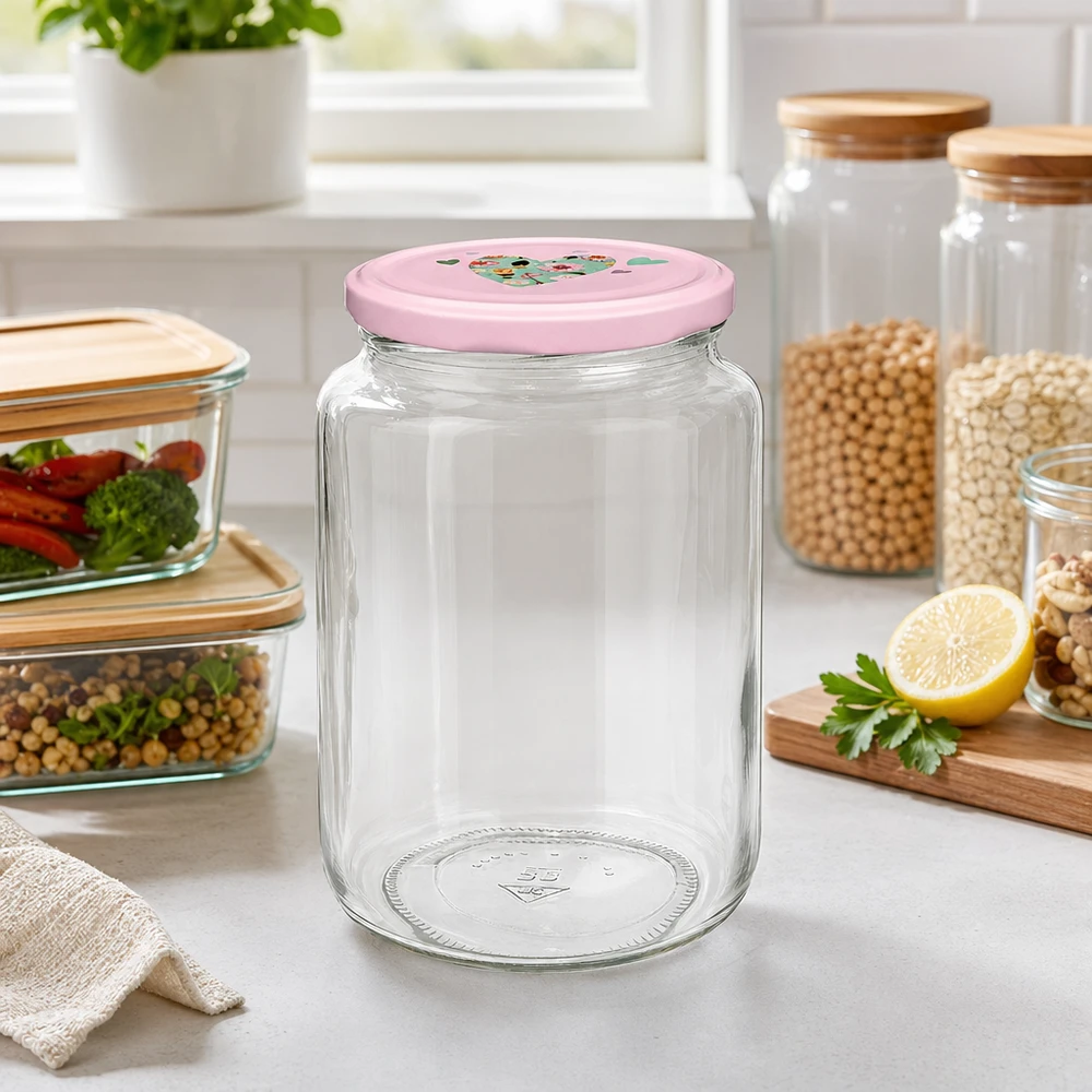 Tarro redondo 795ml + tapa BasicSeal rosa corazón UNiTWIST Vorratsglas 795ml in Küche mit rosa Herzdeckel für Lebensmittelaufbewahrung neben anderen Glasbehältern