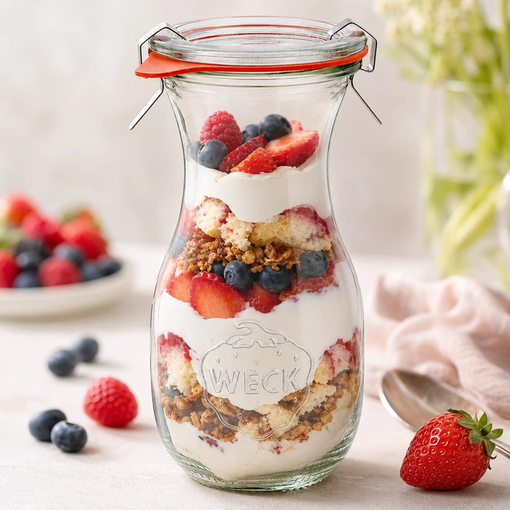 Botella de zumo WECK 290ml RR60 con postre de capas de yogur bayas y granola como idea creativa de uso