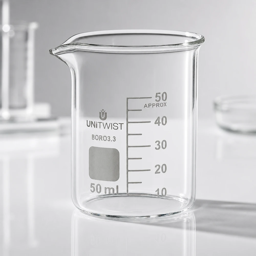 Vaso 50ml borosilicato, molde bajo UNiTWIST Vaso de precipitados transparente y vacío de 50 ml, de forma baja, modelo UNiTWIST BORO 3.3, sobre una mesa de laboratorio blanca