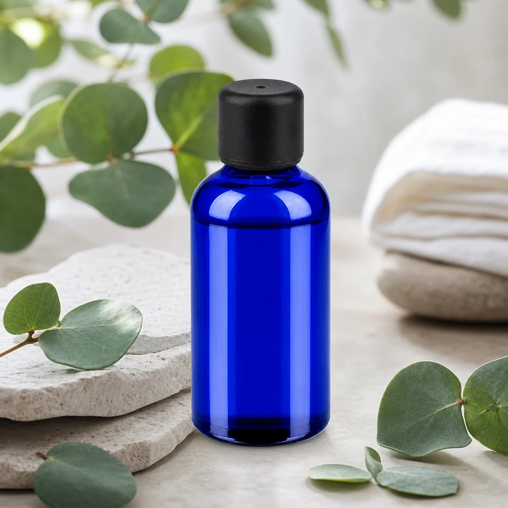 Frasco compacto de cristal de 50 ml en elegante azul con práctico tapón cuentagotas para sueros y tinturas