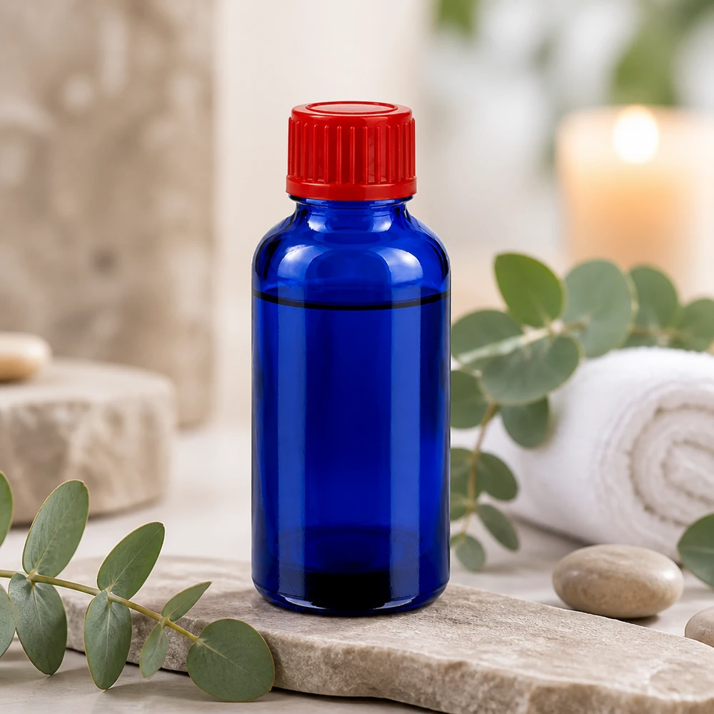 Frasco boticario compacto de 30 ml de vidrio azul con tapón de rosca rojo a prueba de niños