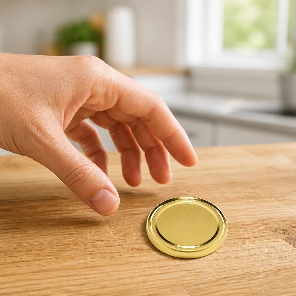 Una mano coge una tapa BasicSeal Twist-Off dorada TO100 de 100 mm sobre una base de madera