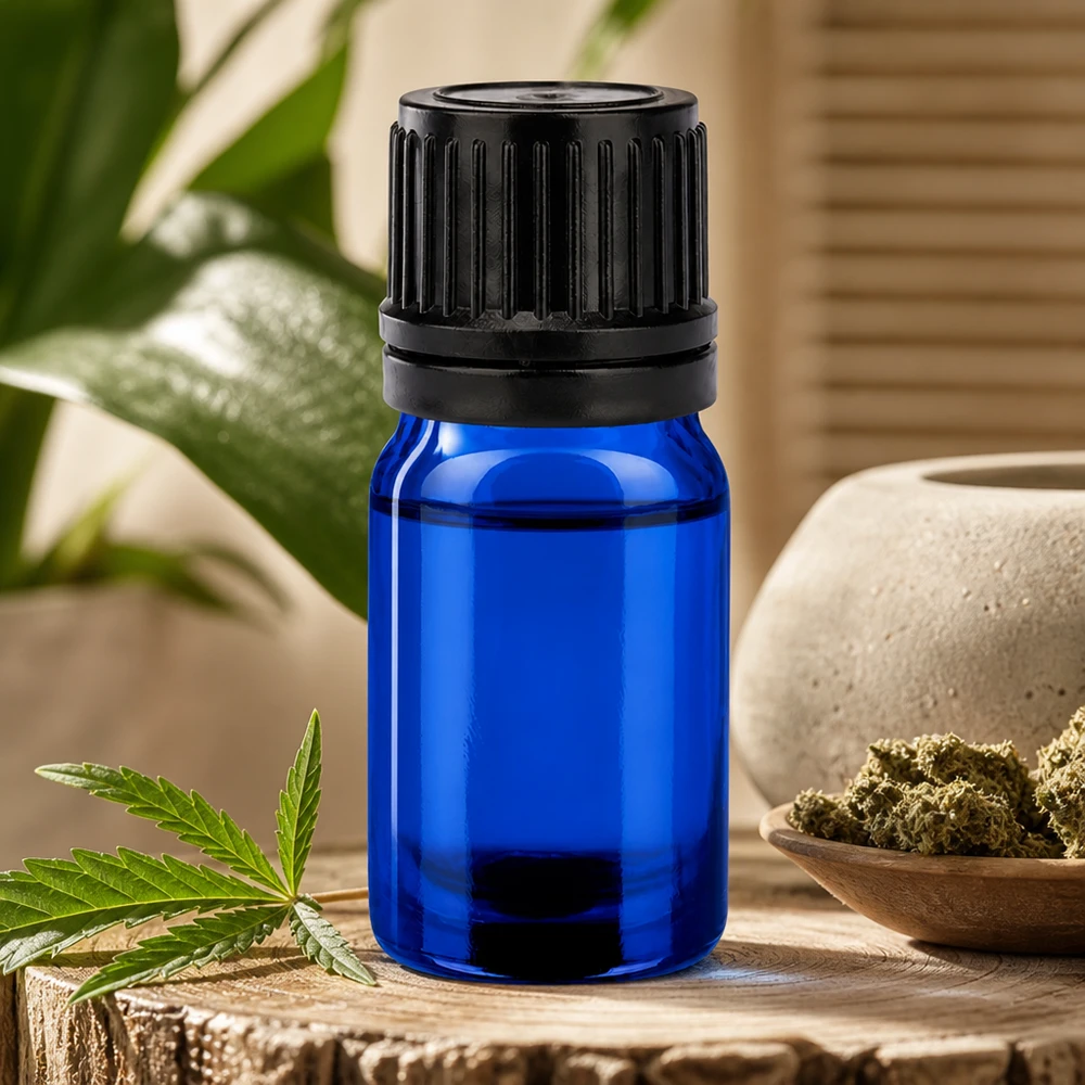 Frasco compacto de 5 ml con tapón negro estriado para guardar los aceites de forma segura