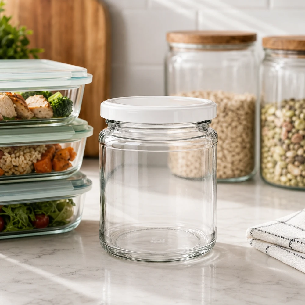 Tarro redondo vacío de 212 ml con tapa BasicSeal en una cocina moderna entre cajas de preparación de comidas y tarros de almacenamiento.
