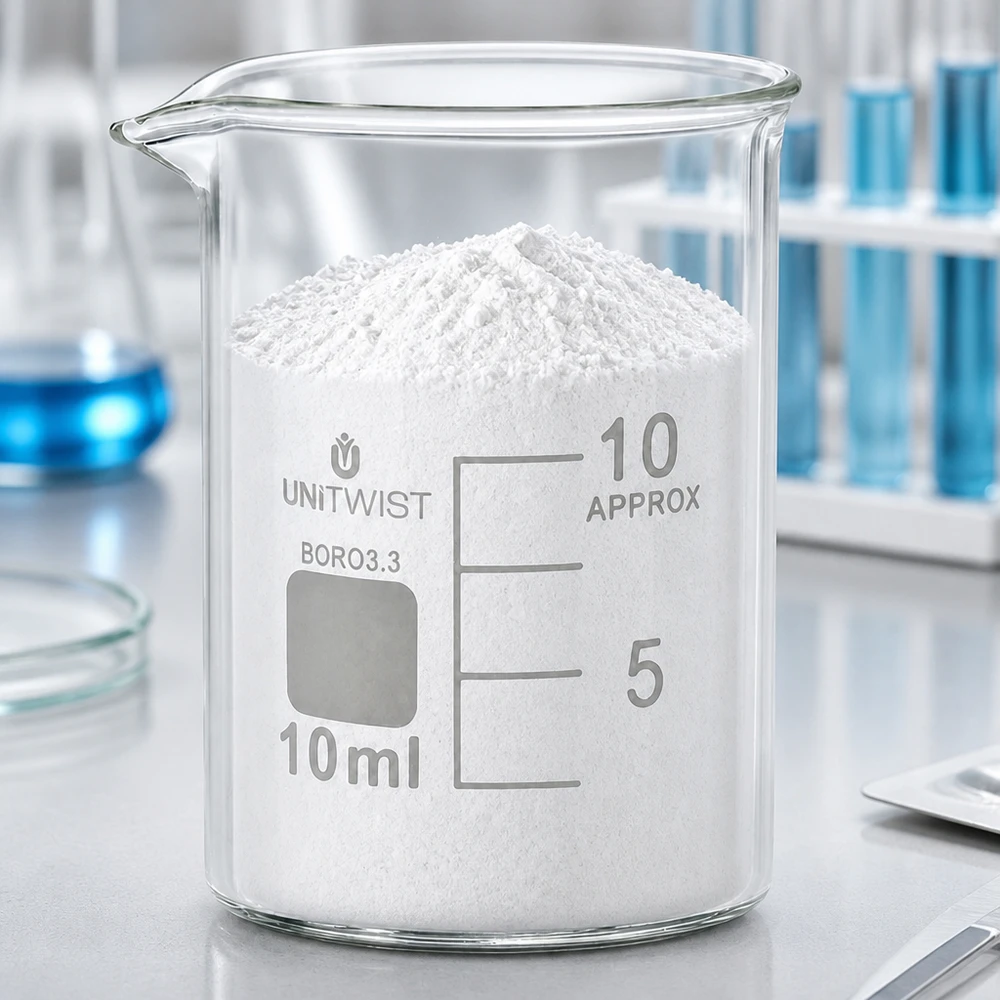 Vaso de precipitados UNiTWIST de 10 ml, de forma baja, lleno de polvo blanco en un laboratorio profesional