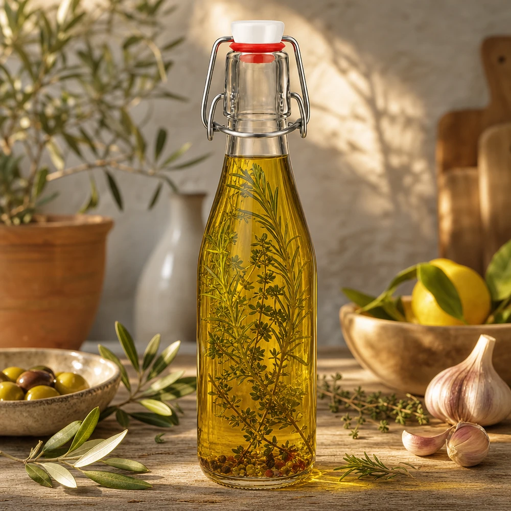 Botella de vidrio de 250 ml + tapa abatible de PVC UNiTWIST Botella de cristal de 250 ml con tapón giratorio llena de aceite de hierbas, ambiente mediterráneo con aceitunas y ajo