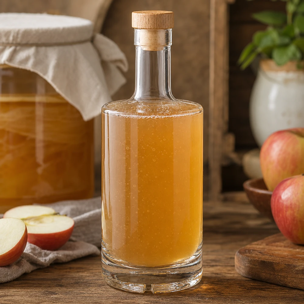 Botella de vidrio de 500 ml «Nora» con tapón de corcho con asa de madera UNiTWIST® Botella de cristal Nora de 500 ml llena de zumo de manzana en cocina rústica con manzanas y corcho de madera UNiTWIST