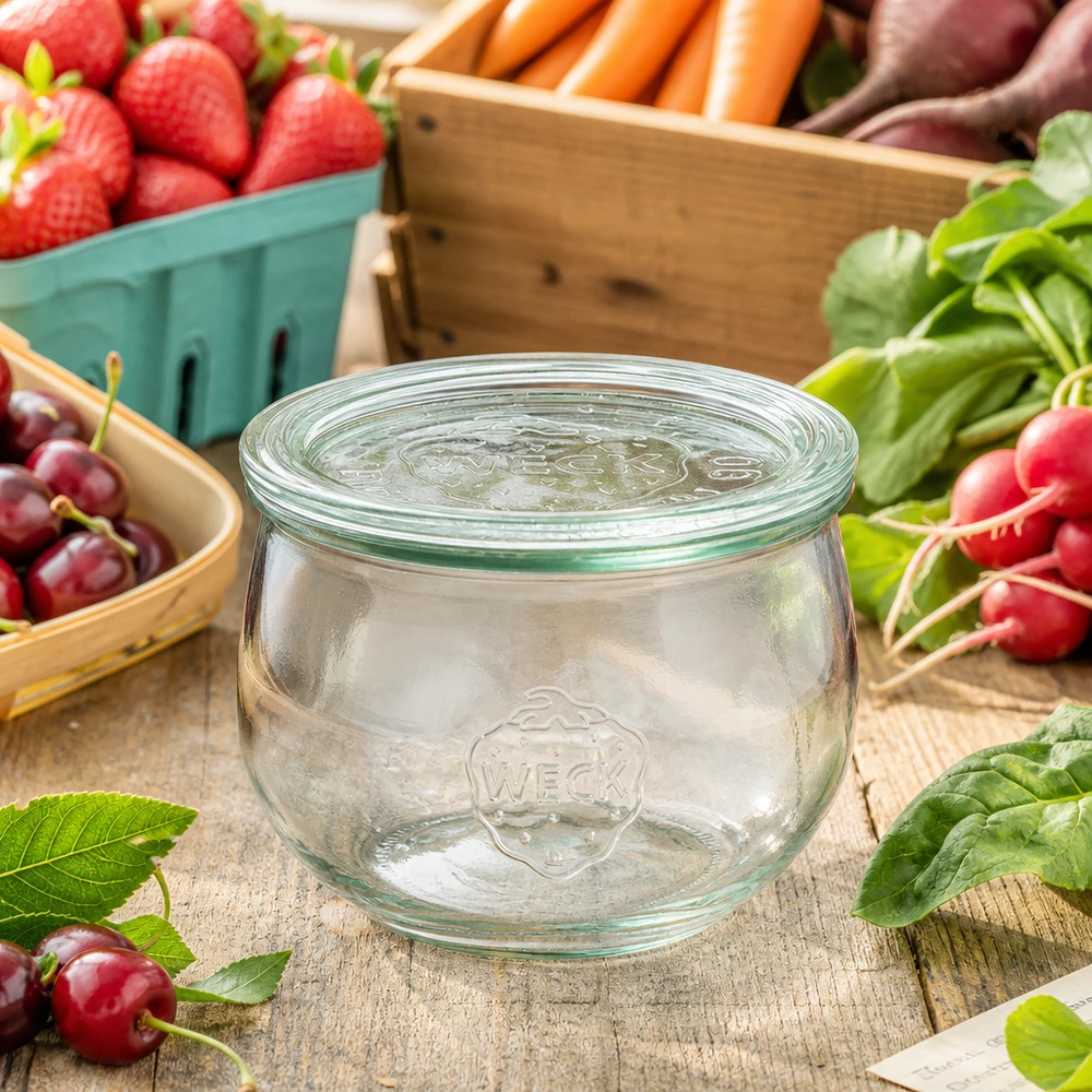 Tarro tulipán WECK 580ml RR100 con tapa de cristal dispuesto entre frutas y verduras frescas sobre una mesa de madera rústica