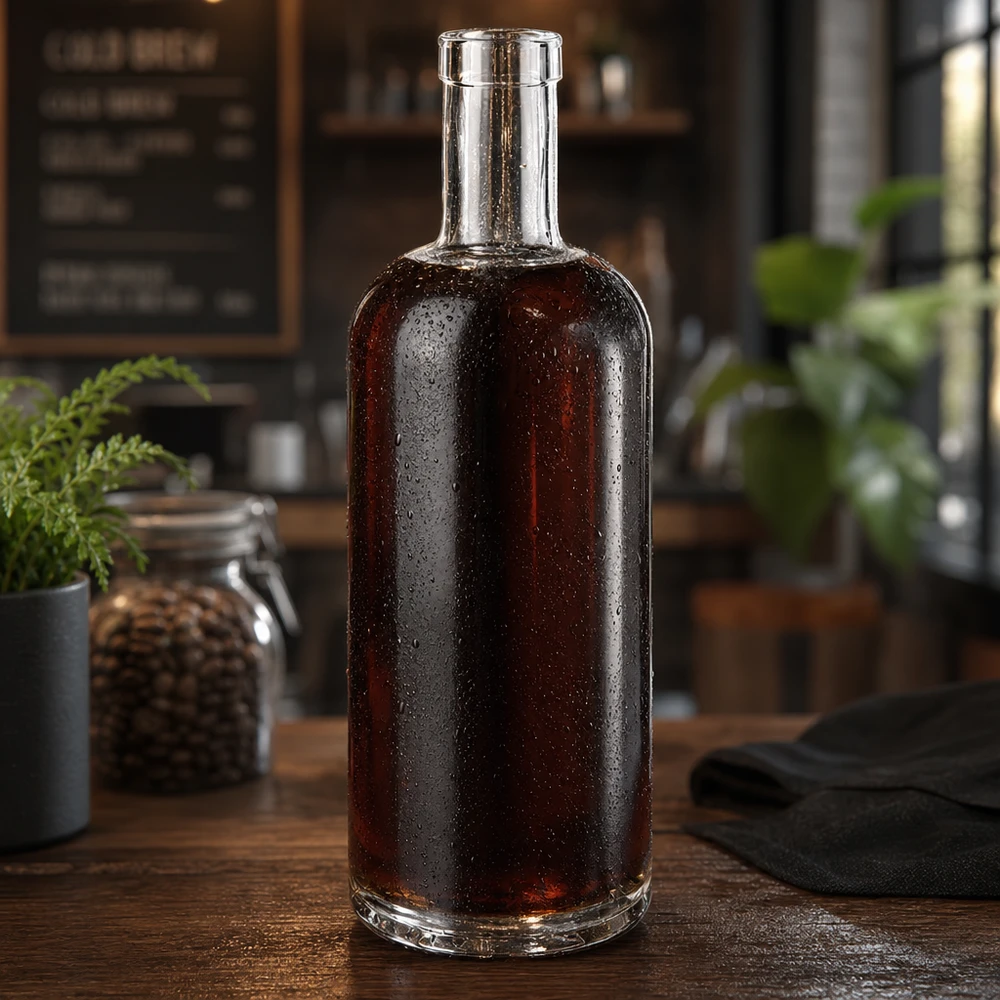 Botella de vidrio de 750 ml «Emma» sin tapón UNiTWIST® Botella de cristal Emma de 750 ml llena de whisky oscuro en una cocina rústica con gotas de agua en la superficie