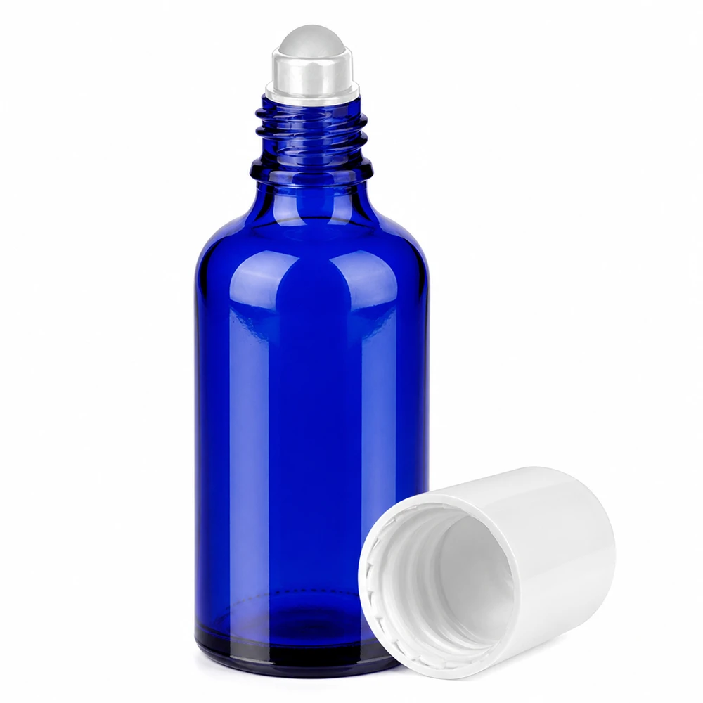 Frasco roll-on 50ml blanco tapón estándar BlueLine UT18/50 Frasco roll-on de cristal de 50 ml en azul cobalto con bola de acero inoxidable para una aplicación precisa