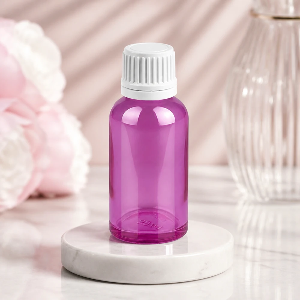 Frasco de 30 ml con tapón de rosca de 11 mm blanco Originalidad tapón de rosca PurpleLine UT18/30 Frasco de 30 ml con abertura de 11 mm en color violeta para dosificar con precisión los productos de cuidado de la piel
