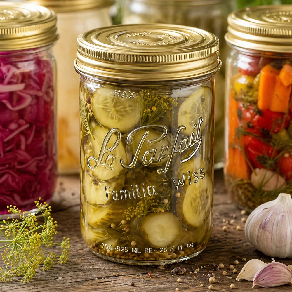 Le Parfait® Familia Wiss 1 kg Ø100 mm tarro 1020ml Sturzglas Familia Wiss mit 2-teiligem Deckel für Einmachen von Gurken und Gemüse in rustikaler Küche