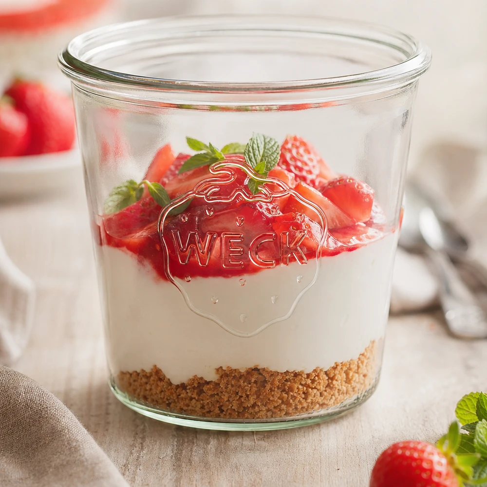 Vasos de 580ml WECK RR100 Vasos RR100 WECK de 580 ml rellenos de fresas y yogur como postre en un tarro sobre una mesa de madera