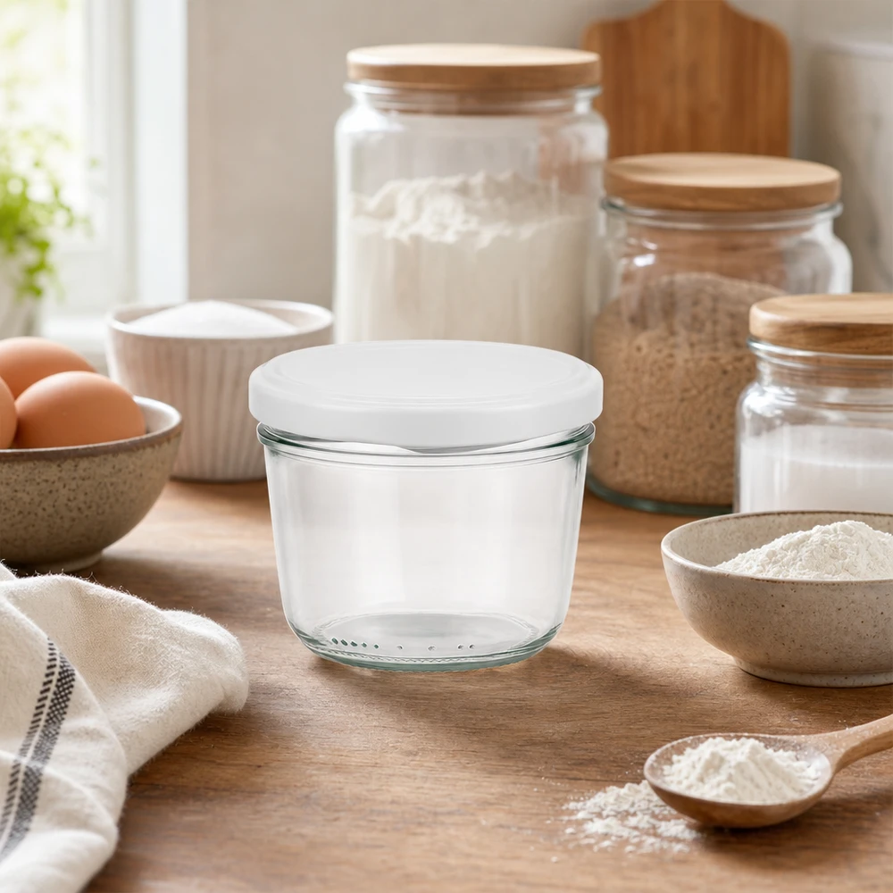 Vasos de 230ml con tapa BasicSeal blanco UNiTWIST Vasos vacíos de 230 ml con tapa blanca BasicSeal en cocinas modernas entre ingredientes de repostería y tarros de almacenamiento
