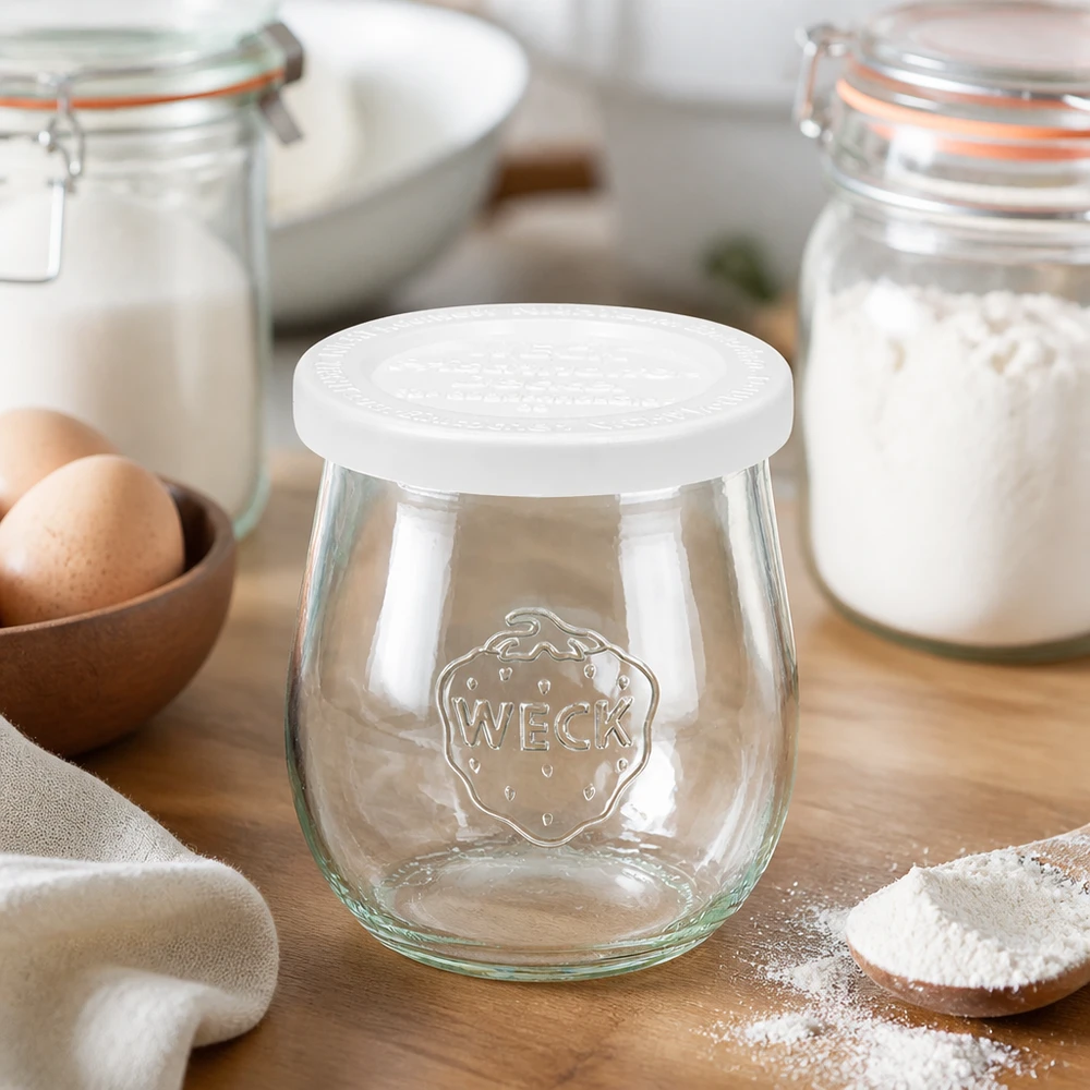 Tarro de tulipa de 220 ml con tapa hermética WECK RR60 WECK tarro tulipán 220ml RR60 en cocina con harina y huevos - tarro conservador para repostería y cocina