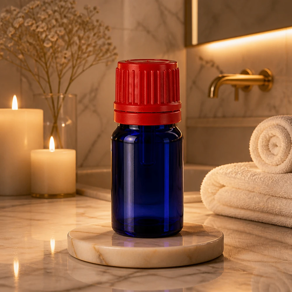Botella aromatizante compacta BlueLine UT18/5 de 5 ml con tapón rojo a prueba de niños para cuartos de baño