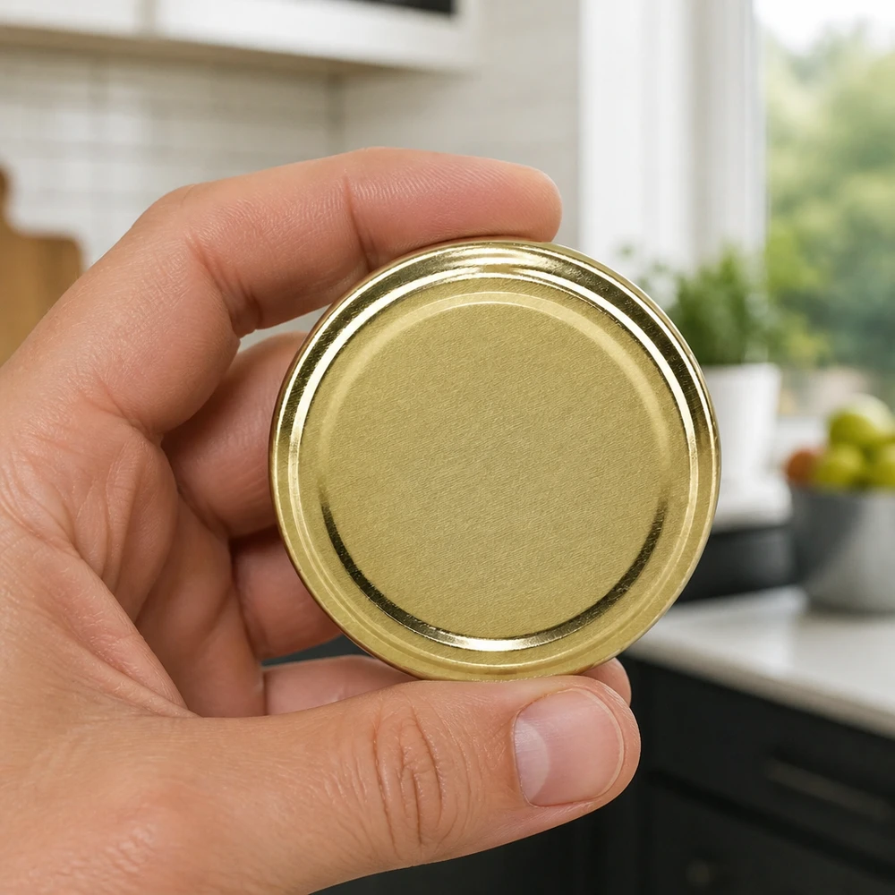 Tapa BasicSeal de 82 mm, color dorado (TO82) UNiTWIST Tapa BasicSeal de 82 mm, color dorado, modelo TO82 UniTwist, sostenida con una mano ante un fondo de cocina