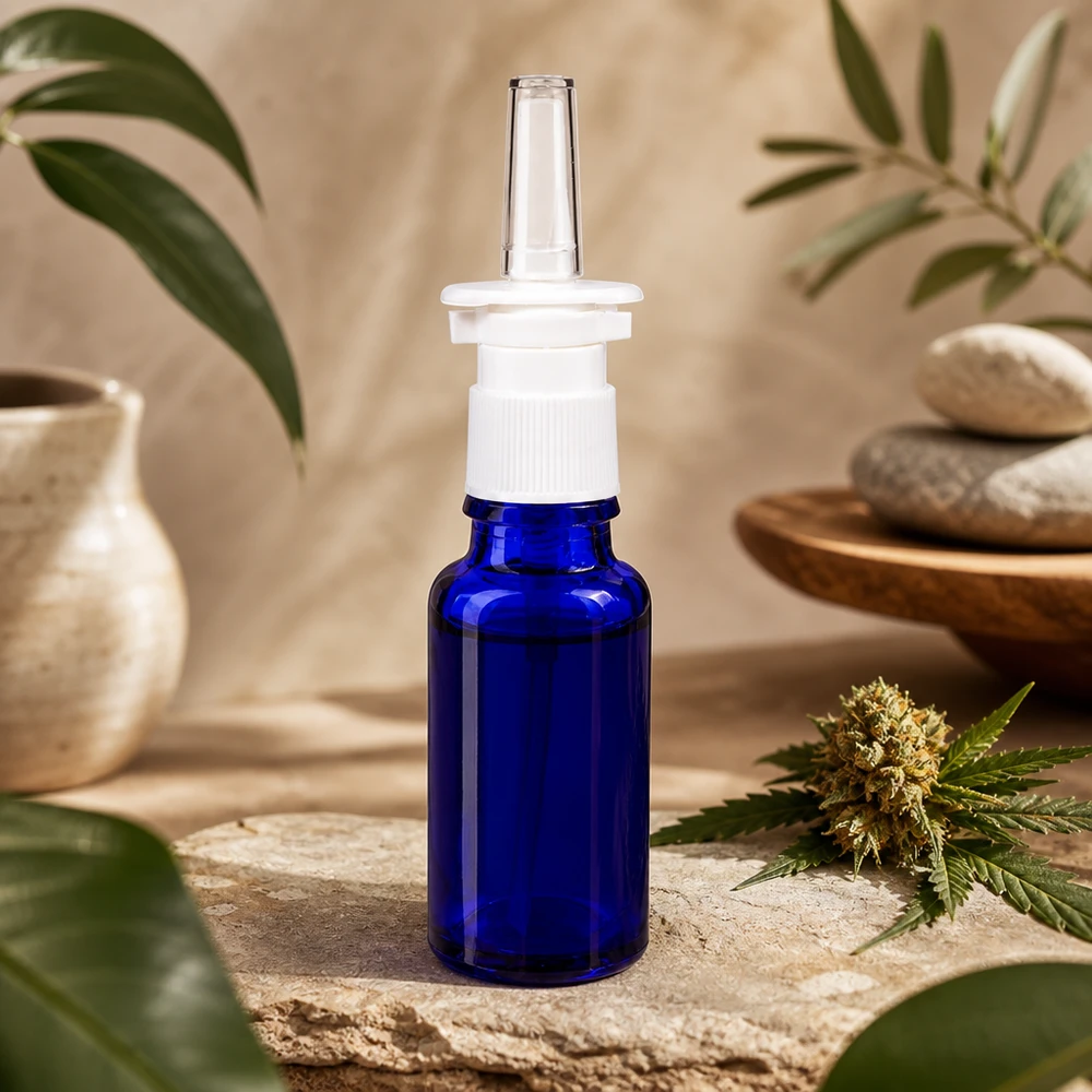 Botella de farmacia azul 20ml atomizador nasal blanco estándar Frasco para spray nasal de 20 ml, de vidrio con protección UV, en color azul cobalto, con pulverizador blanco sobre piedra natural